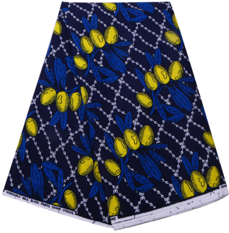 Olive ankara fabric is blue with patterns of olives